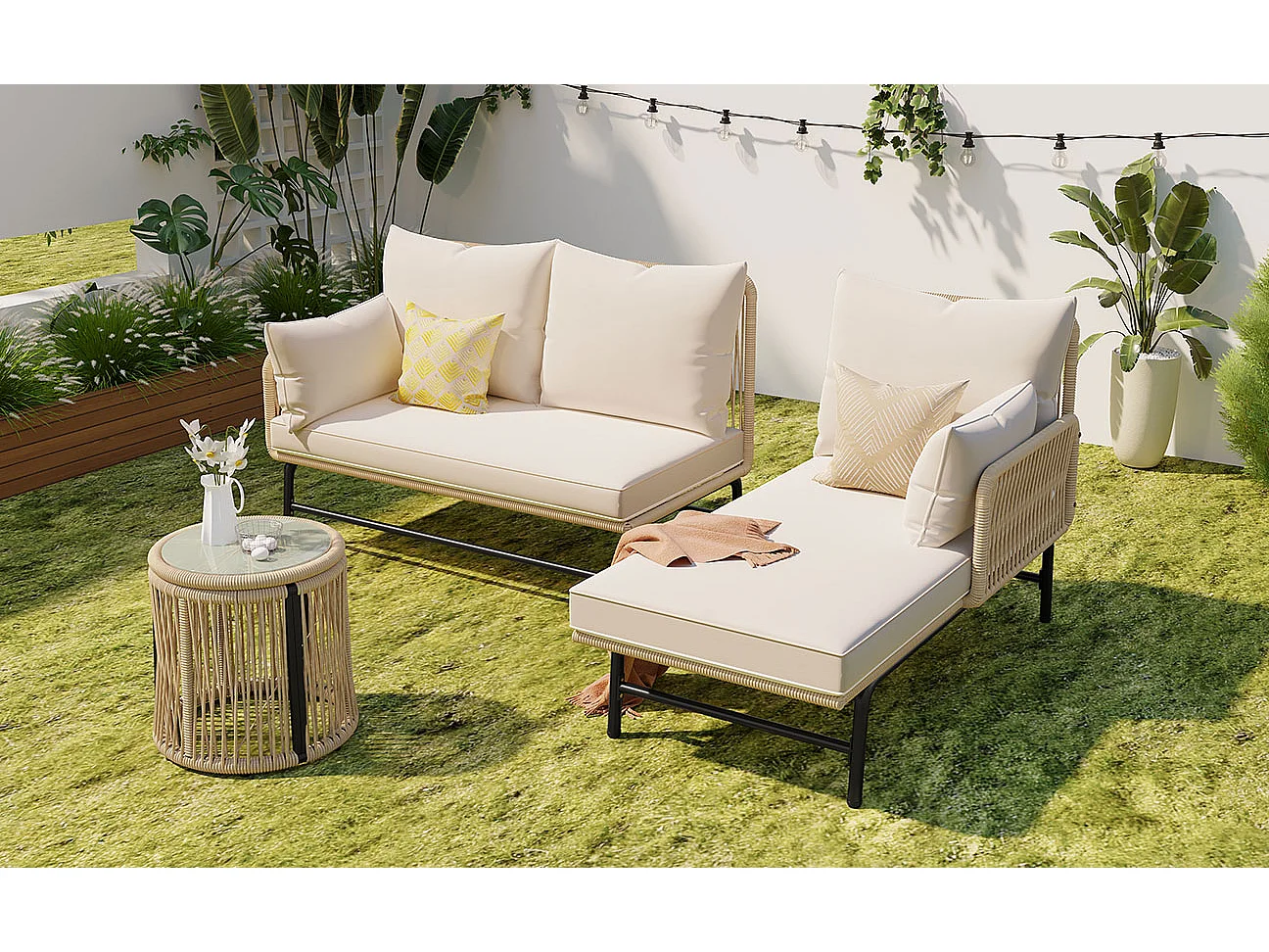 Ensemble de salon de jardin, 4 pièces, canapé L en corde beige avec cadre en fer, table en verre, coussins amovibles, pieds réglables