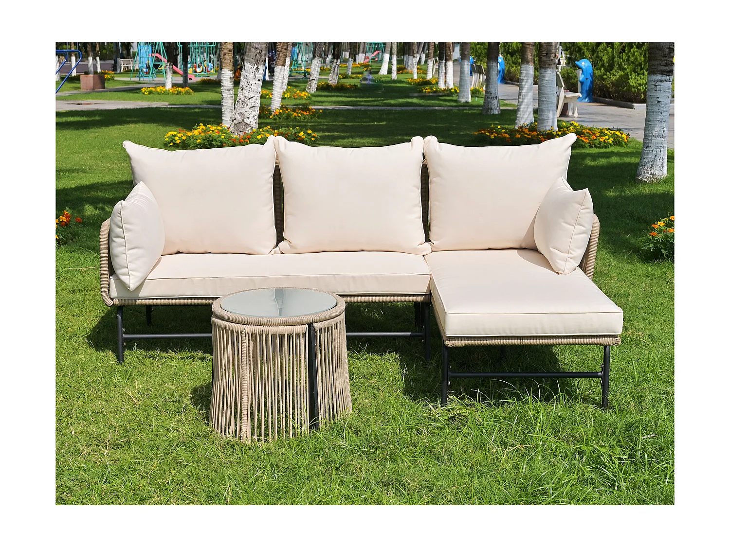 Ensemble de salon de jardin, 4 pièces, canapé L en corde beige avec cadre en fer, table en verre, coussins amovibles, pieds réglables