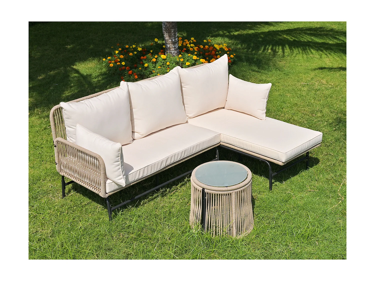 Ensemble de salon de jardin, 4 pièces, canapé L en corde beige avec cadre en fer, table en verre, coussins amovibles, pieds réglables