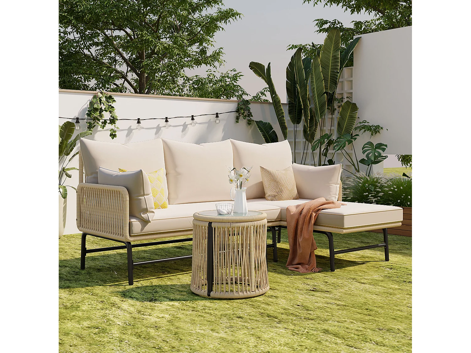 Ensemble de salon de jardin, 4 pièces, canapé L en corde beige avec cadre en fer, table en verre, coussins amovibles, pieds réglables