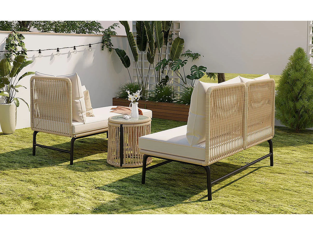 Ensemble de salon de jardin, 4 pièces, canapé L en corde beige avec cadre en fer, table en verre, coussins amovibles, pieds réglables