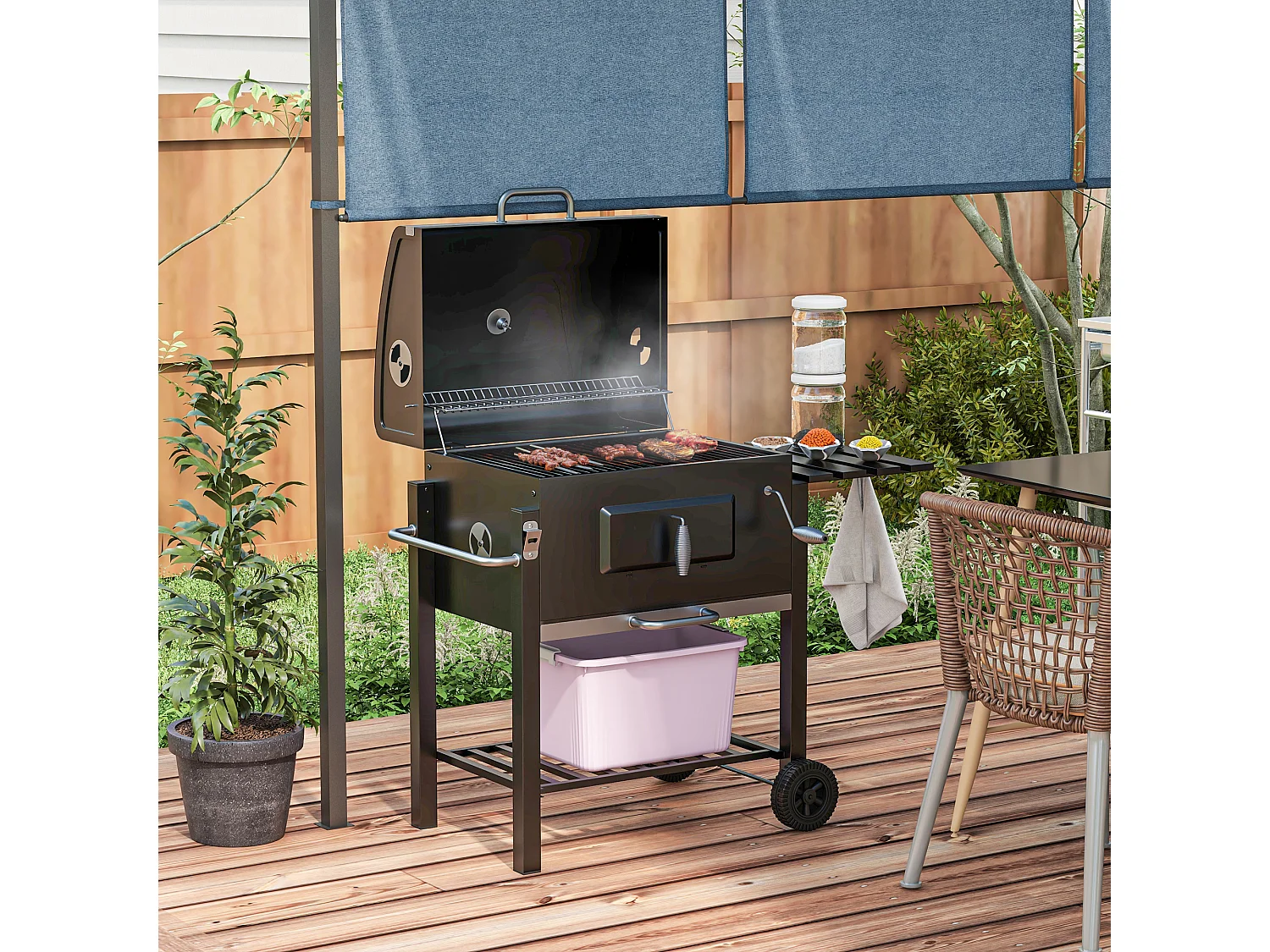 Carrello per griglia a carbone BBQ in acciaio inox nero con spazio di archiviazione (113x65x108 cm)