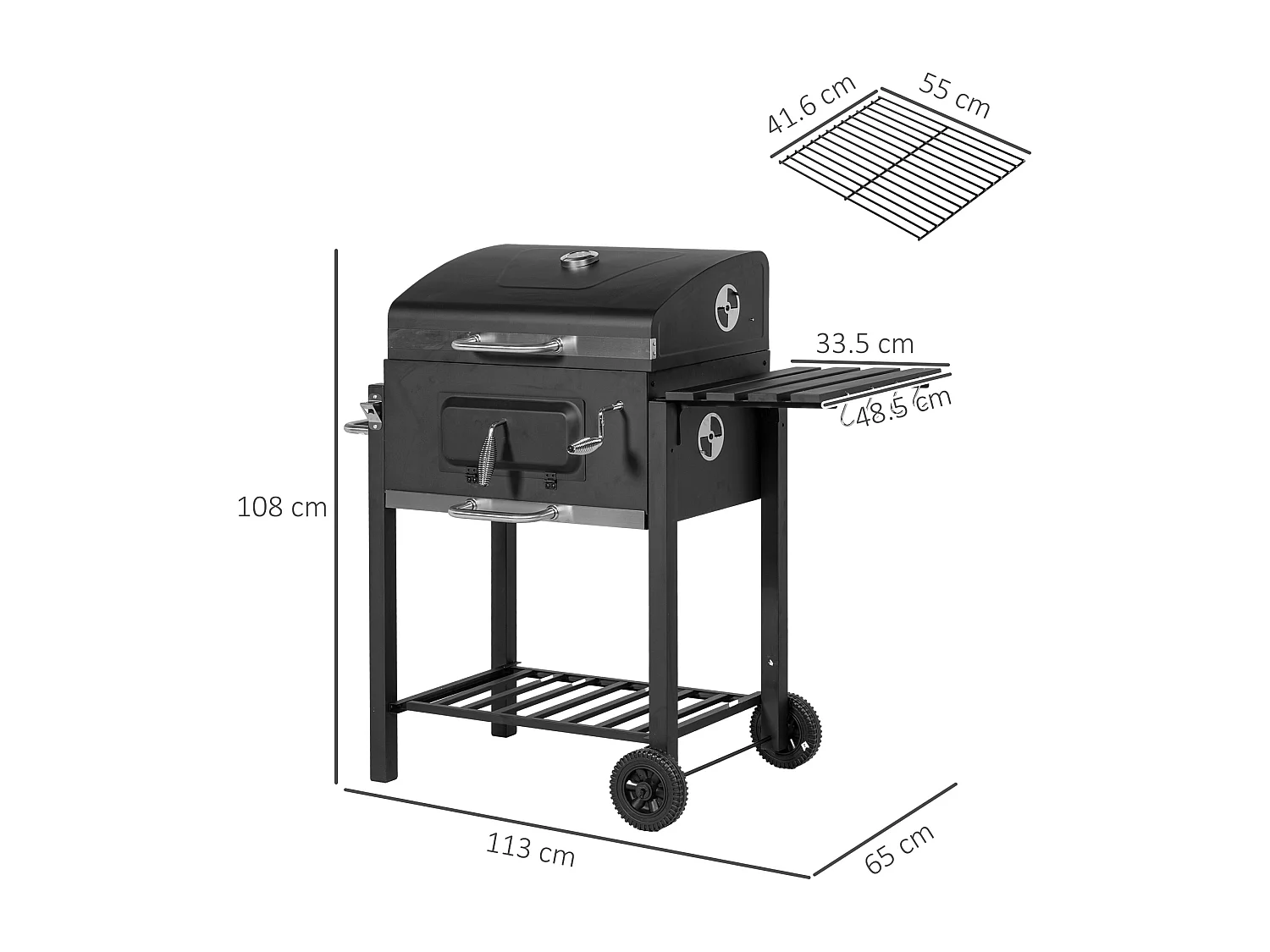 Carrello per griglia a carbone BBQ in acciaio inox nero con spazio di archiviazione (113x65x108 cm)