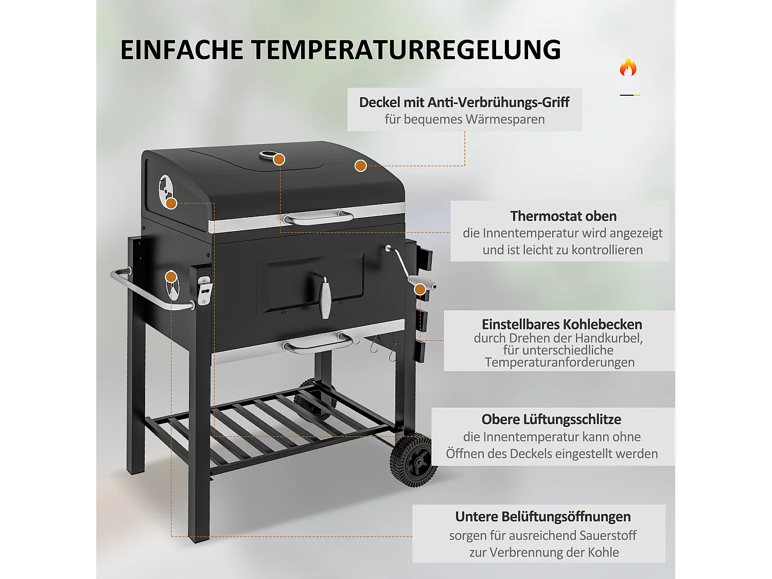 Carrello per griglia a carbone BBQ in acciaio inox nero con spazio di archiviazione (113x65x108 cm)