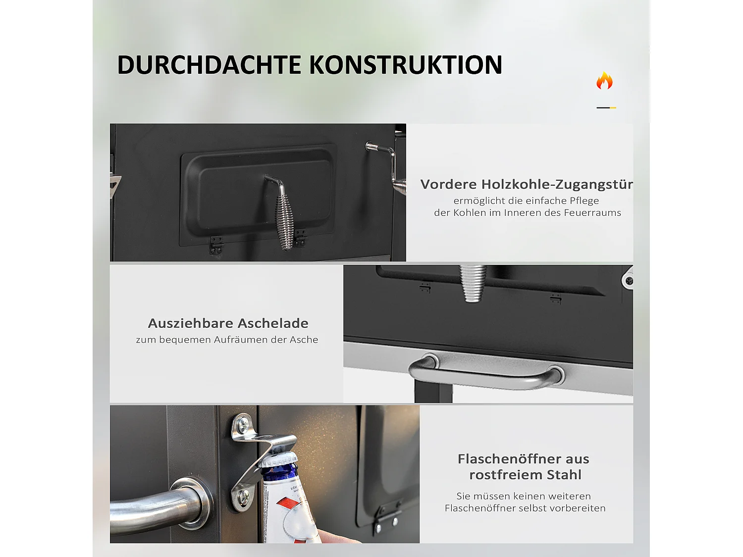 Carrello per griglia a carbone BBQ in acciaio inox nero con spazio di archiviazione (113x65x108 cm)