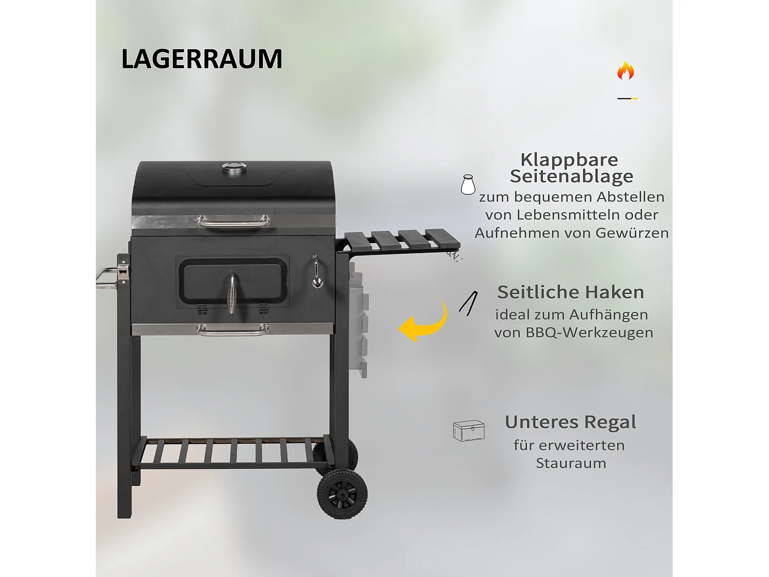 Carrello per griglia a carbone BBQ in acciaio inox nero con spazio di archiviazione (113x65x108 cm)