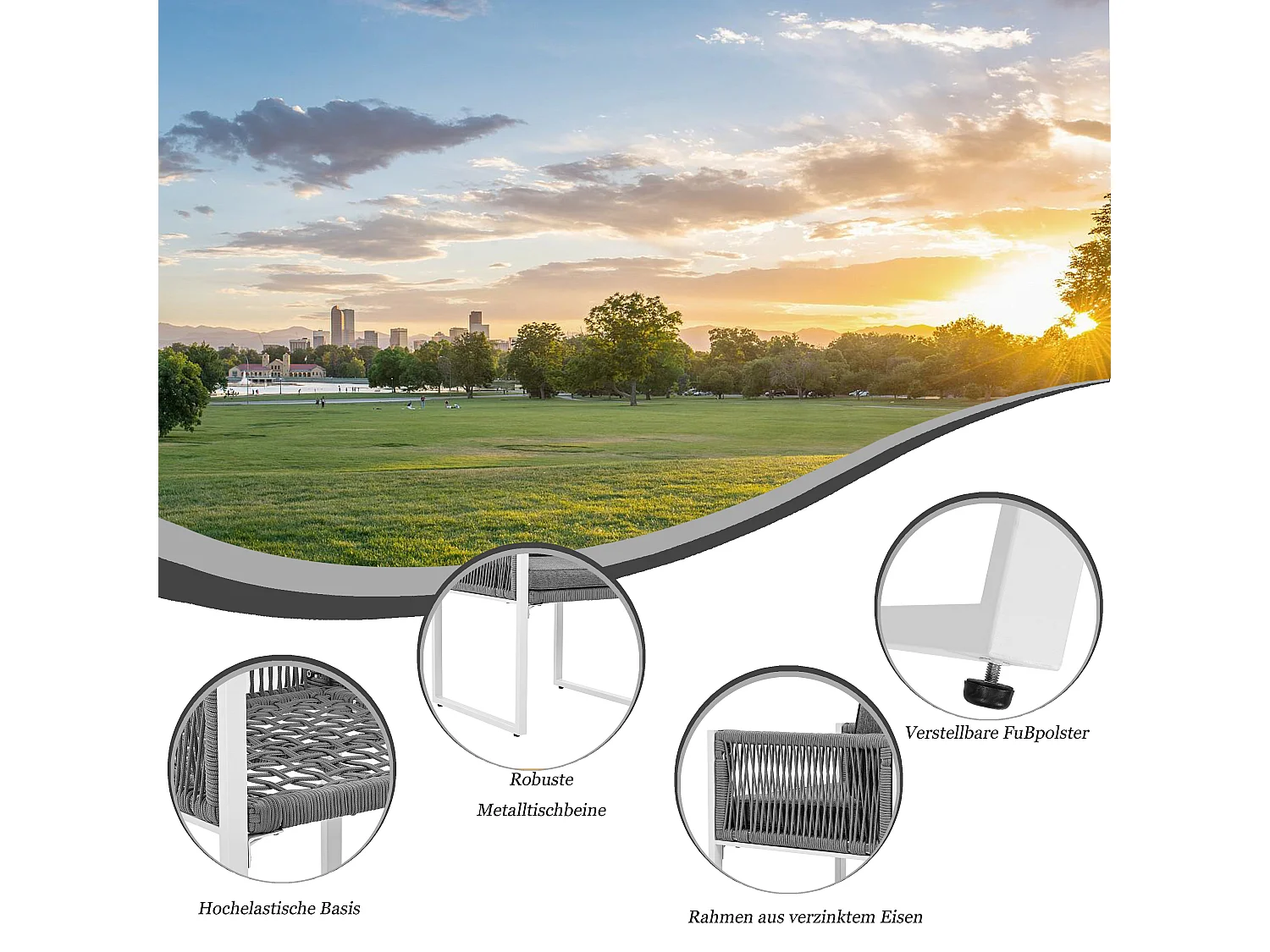 Ensemble de salle à manger extérieur 7 pièces, table en verre trempé, structure en métal, pour 6 personnes, avec coussins amovibles (180x75x90 cm)