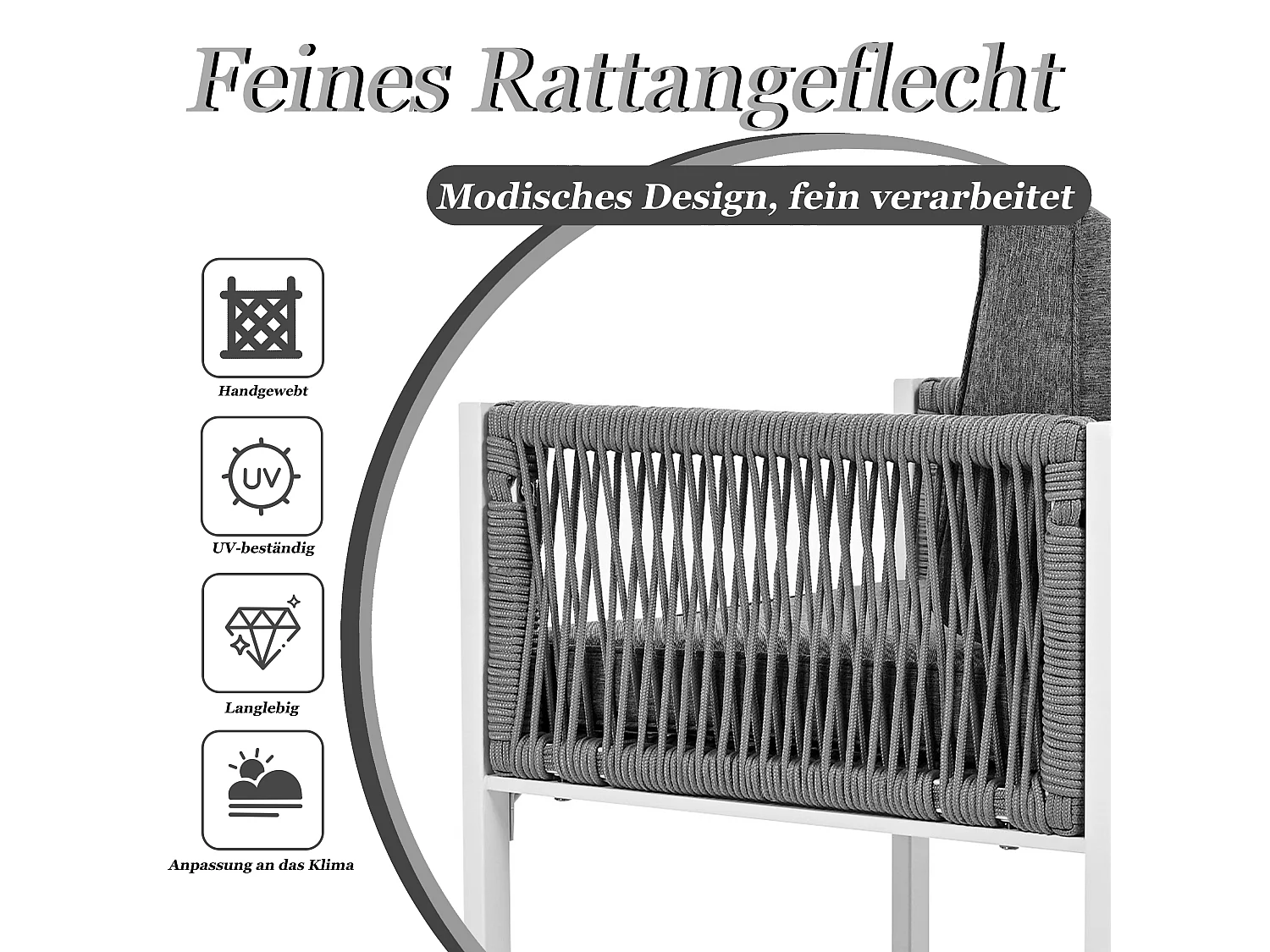 Ensemble de salle à manger extérieur 7 pièces, table en verre trempé, structure en métal, pour 6 personnes, avec coussins amovibles (180x75x90 cm)