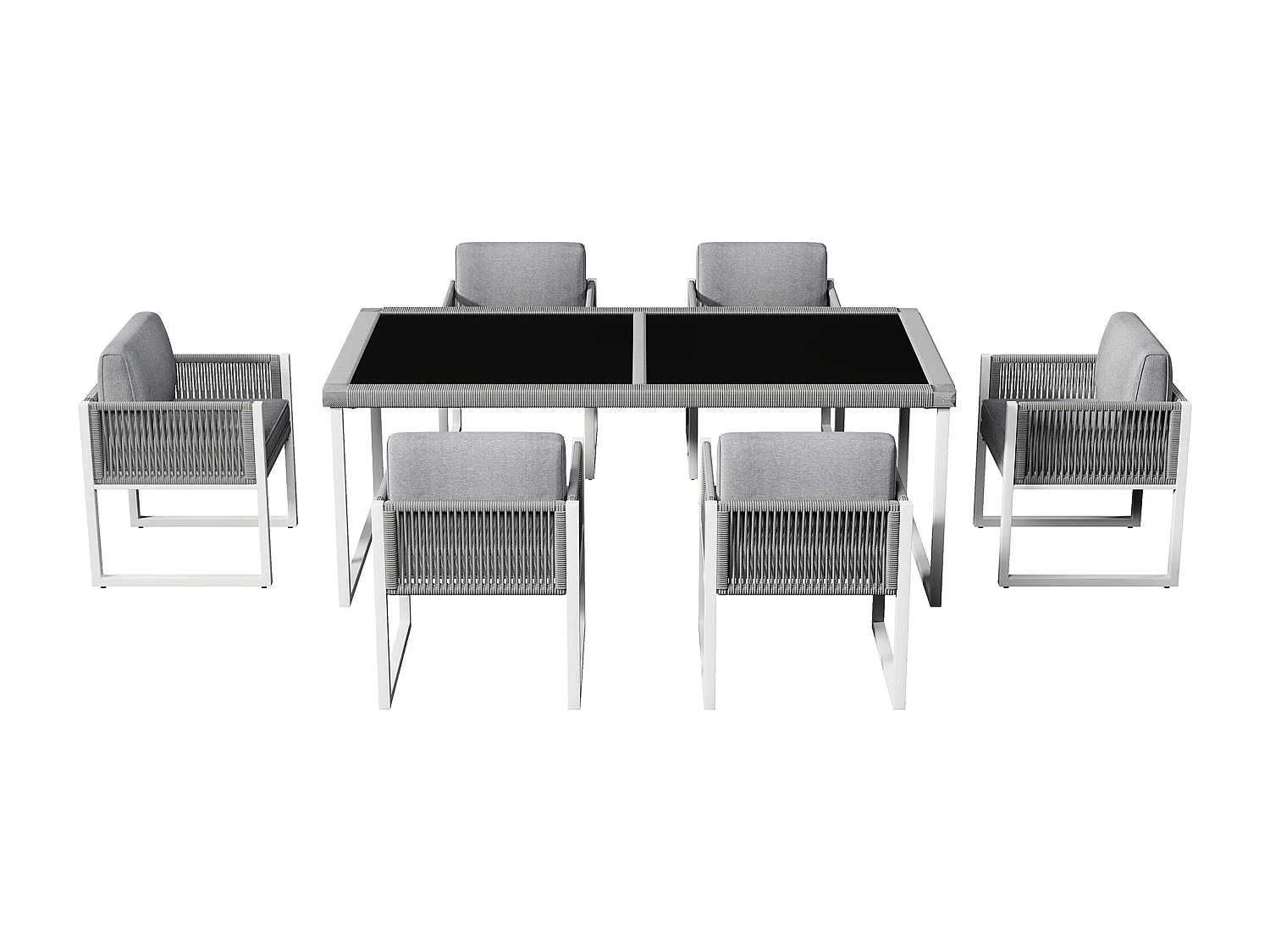 Ensemble de salle à manger extérieur 7 pièces, table en verre trempé, structure en métal, pour 6 personnes, avec coussins amovibles (180x75x90 cm)