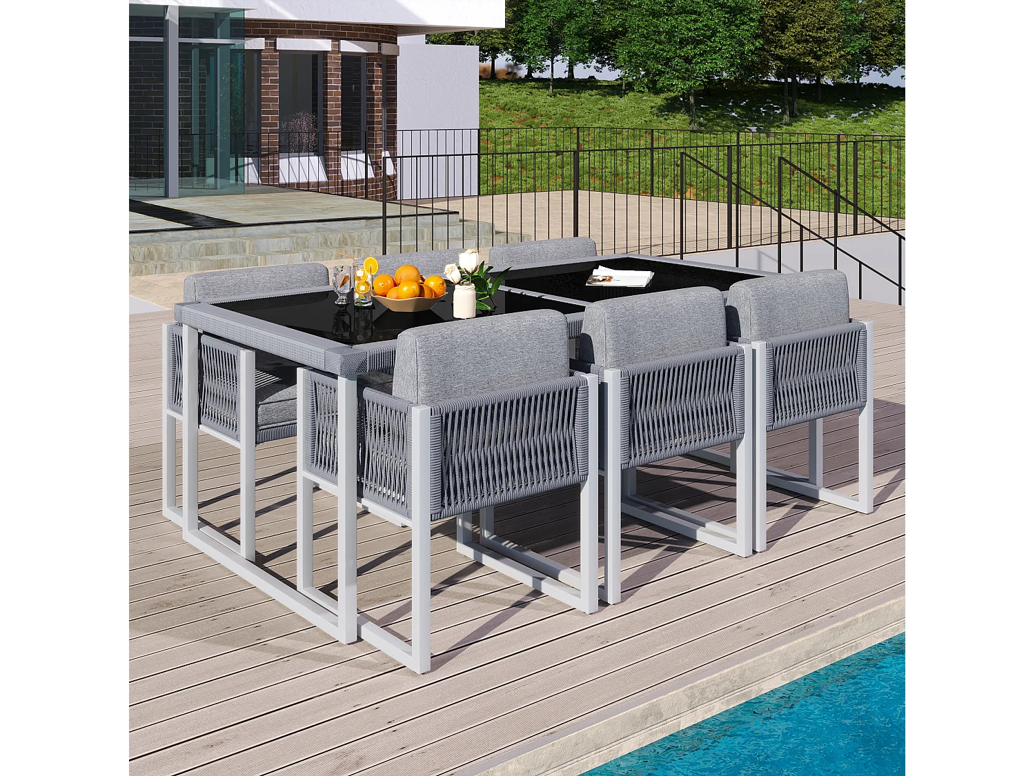 Ensemble de salle à manger extérieur 7 pièces, table en verre trempé, structure en métal, pour 6 personnes, avec coussins amovibles (180x75x90 cm)