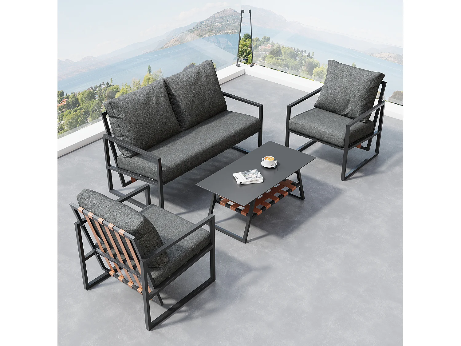 Salon de jardin 4 places, canapé, table basse, coussins, tissu amovible et lavable, noir (116x78x13 cm)