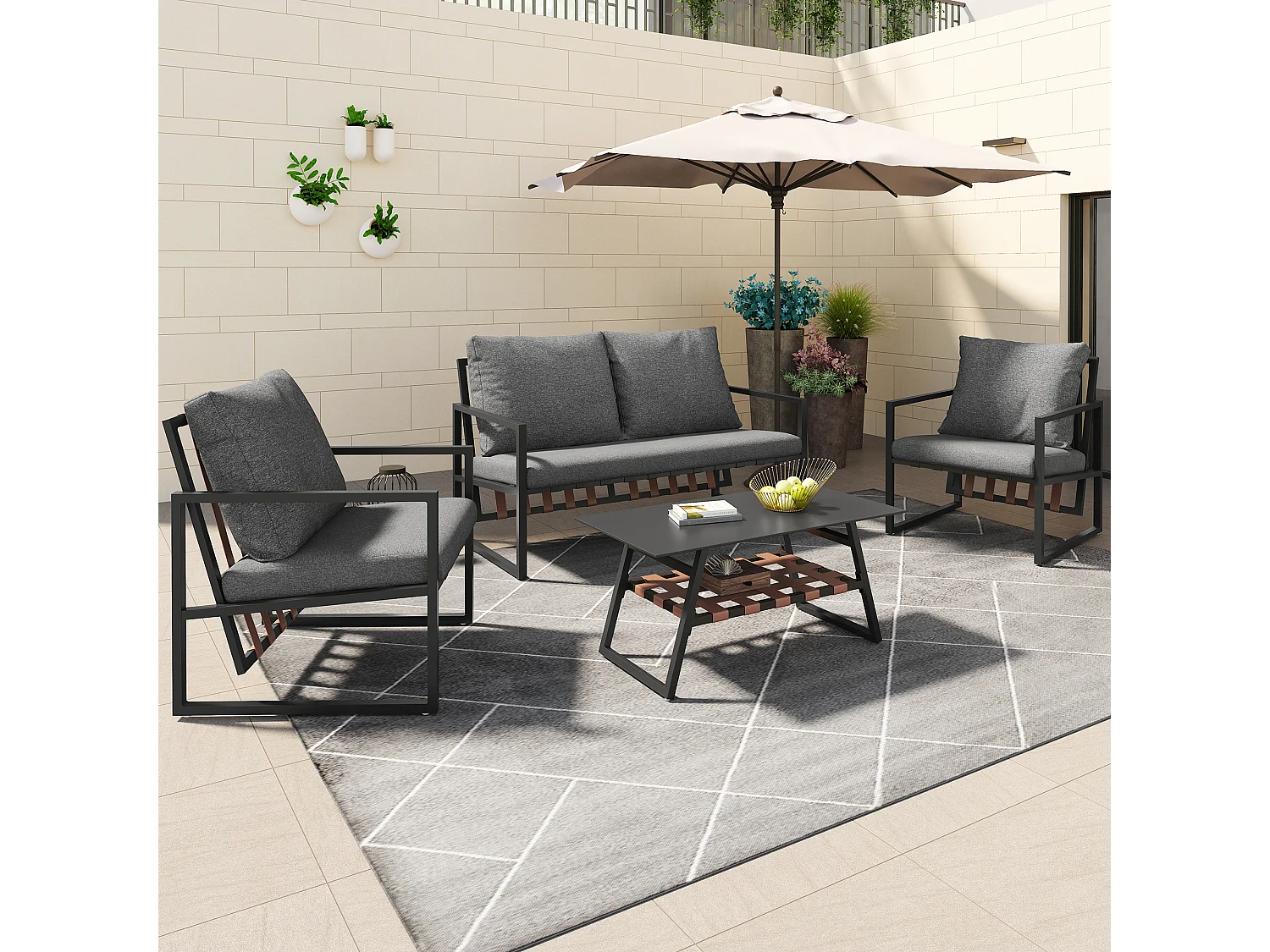 Salon de jardin 4 places, canapé, table basse, coussins, tissu amovible et lavable, noir (116x78x13 cm)