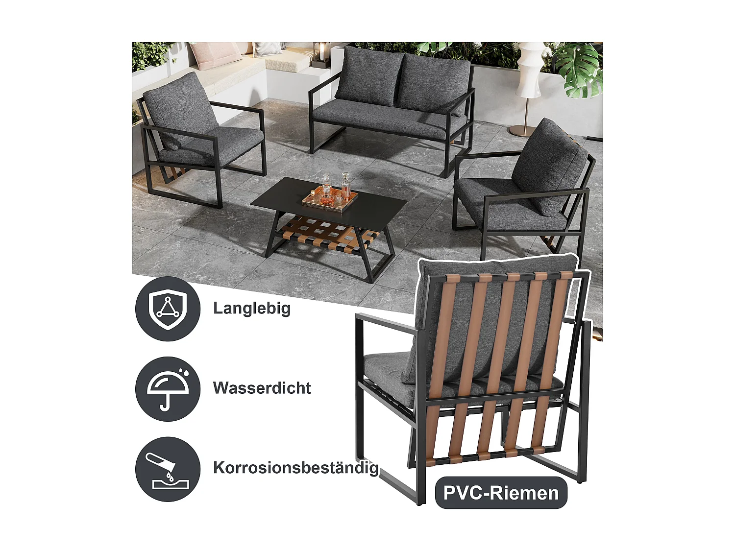 Salon de jardin 4 places, canapé, table basse, coussins, tissu amovible et lavable, noir (116x78x13 cm)