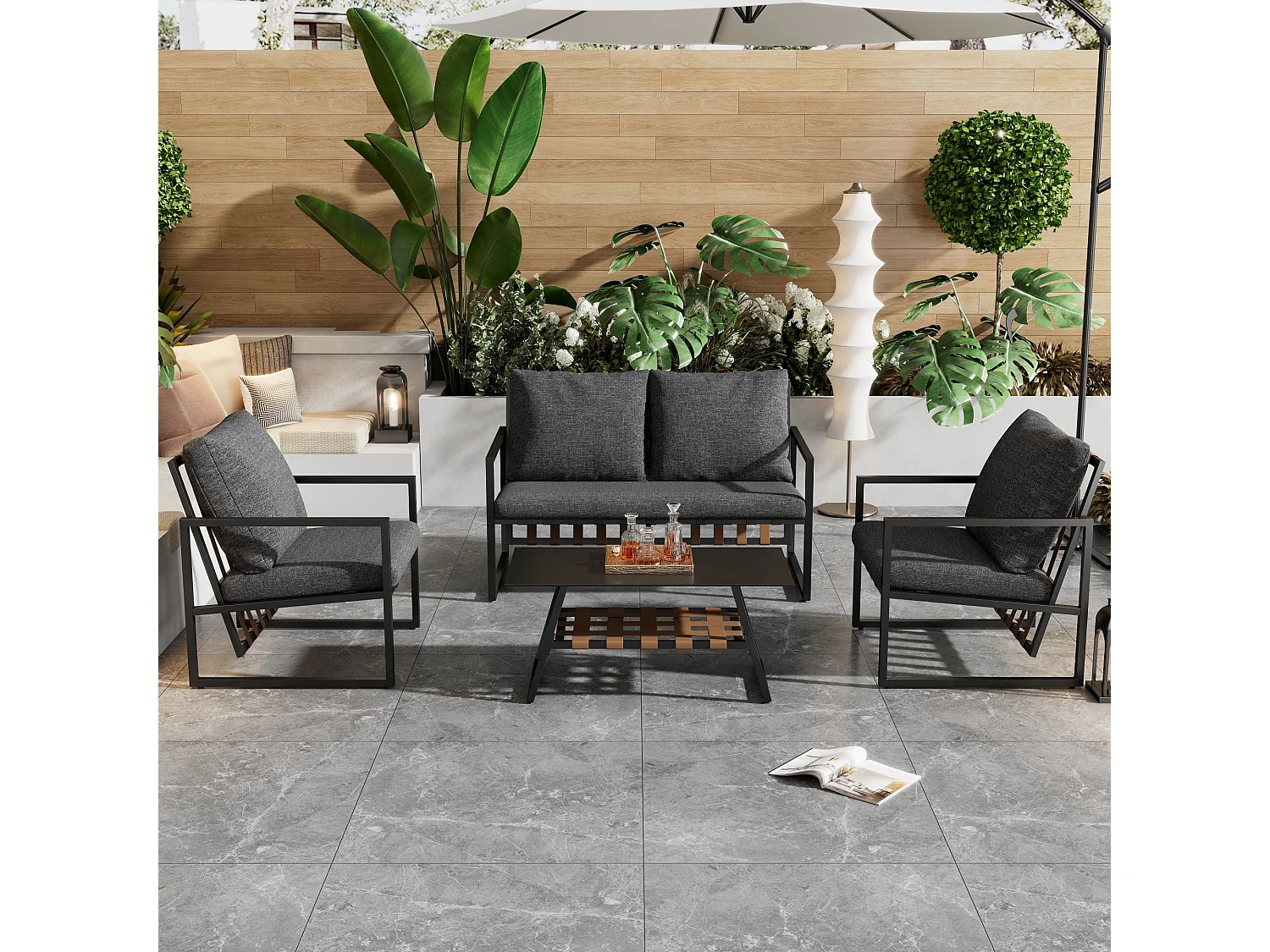 Salon de jardin 4 places, canapé, table basse, coussins, tissu amovible et lavable, noir (116x78x13 cm)