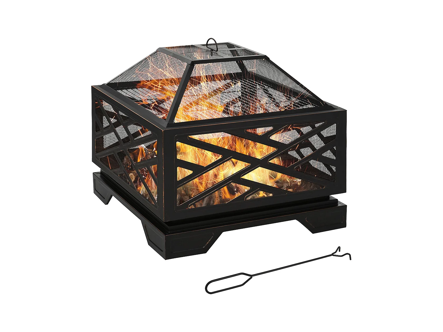 Brasero avec pare-étincelles, grille de cuisson et crochet, métal noir (66x66x66cm)