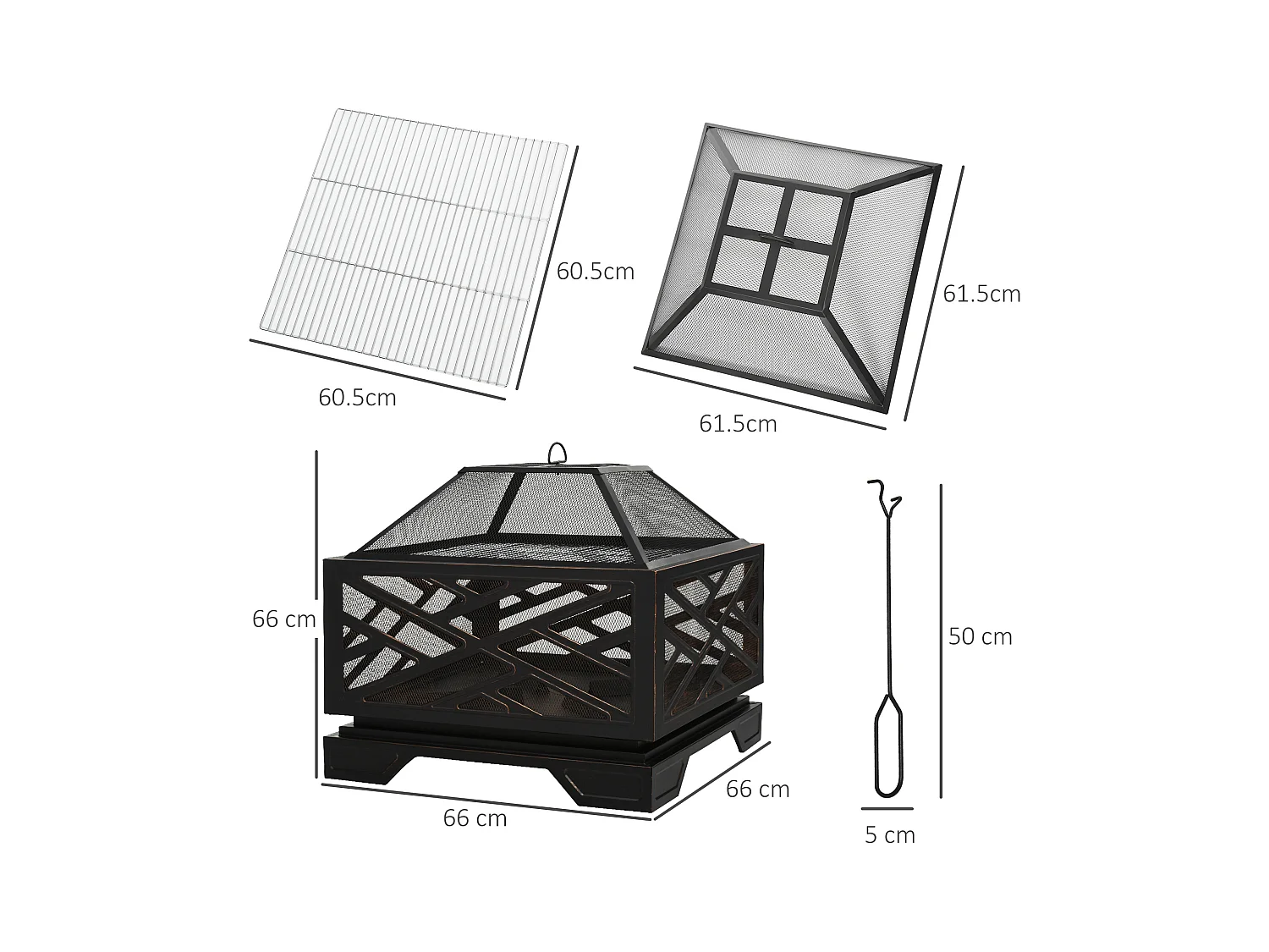 Brasero avec pare-étincelles, grille de cuisson et crochet, métal noir (66x66x66cm)