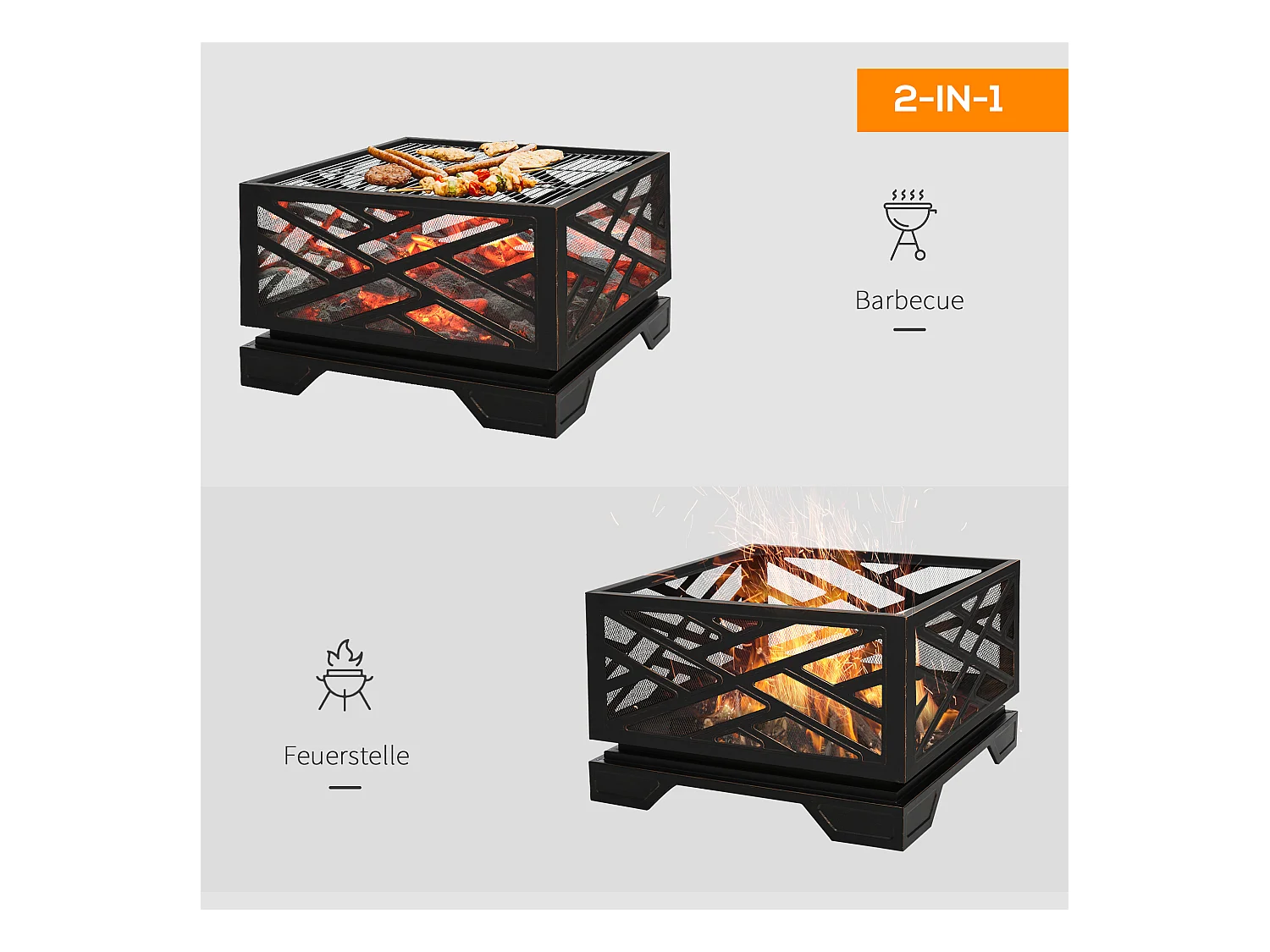 Brasero avec pare-étincelles, grille de cuisson et crochet, métal noir (66x66x66cm)