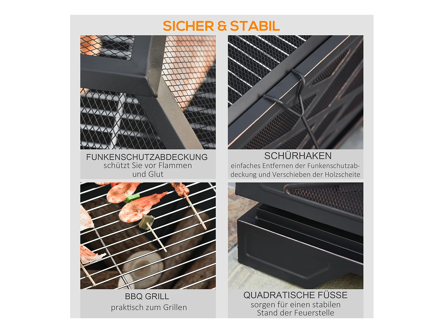 Brasero avec pare-étincelles, grille de cuisson et crochet, métal noir (66x66x66cm)