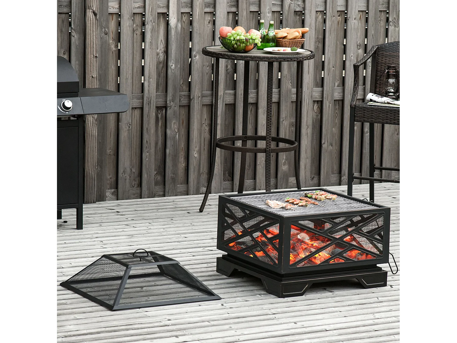 Brasero avec pare-étincelles, grille de cuisson et crochet, métal noir (66x66x66cm)