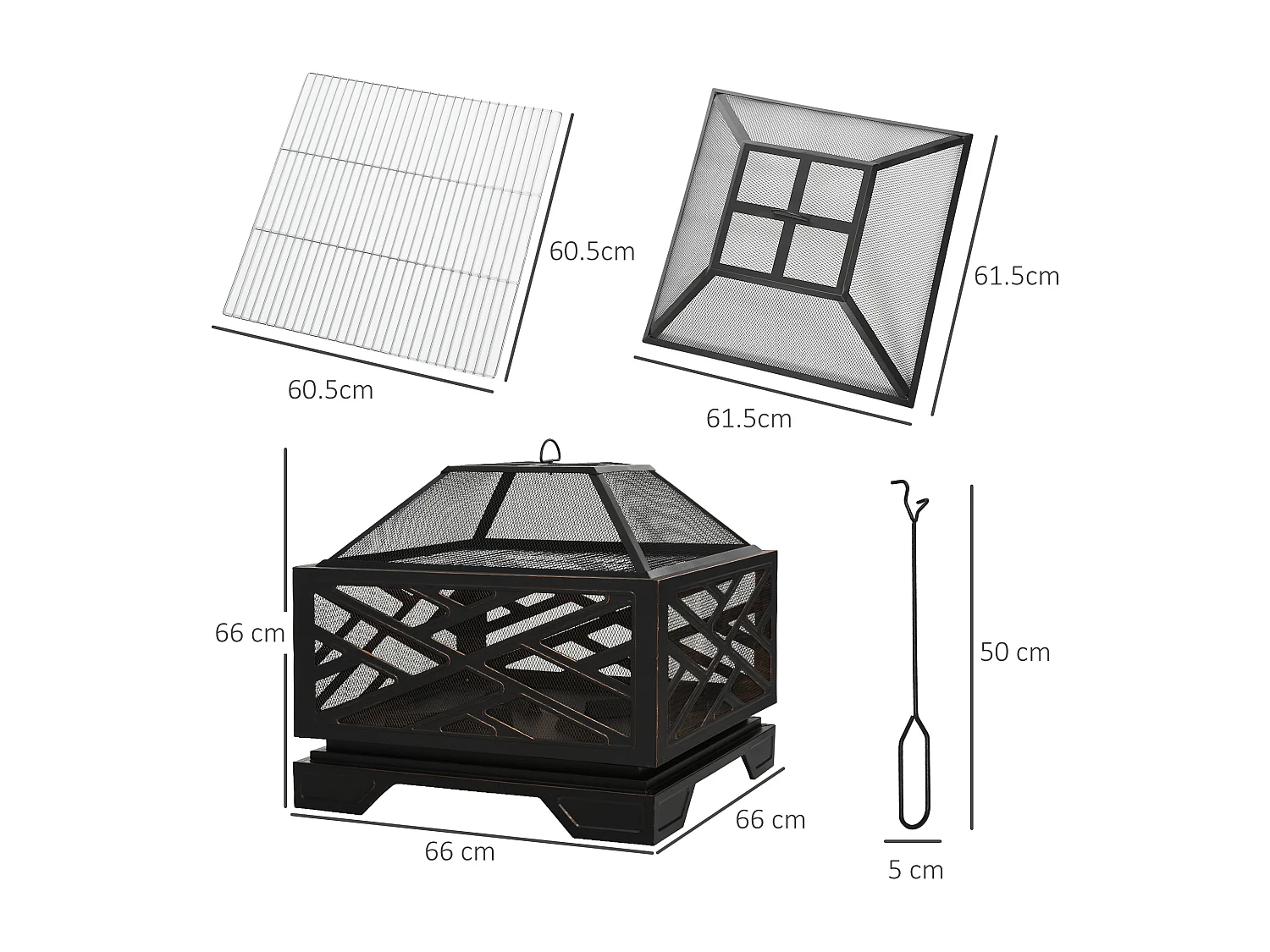 Brasero avec pare-étincelles, grille de cuisson et crochet, métal noir (66x66x66cm)