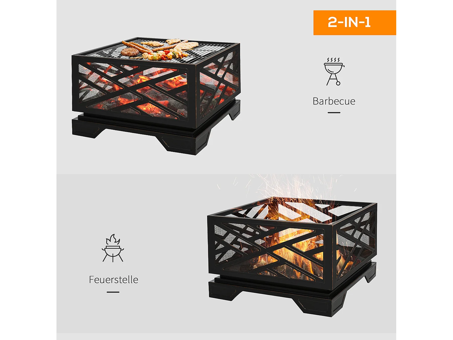 Brasero avec pare-étincelles, grille de cuisson et crochet, métal noir (66x66x66cm)