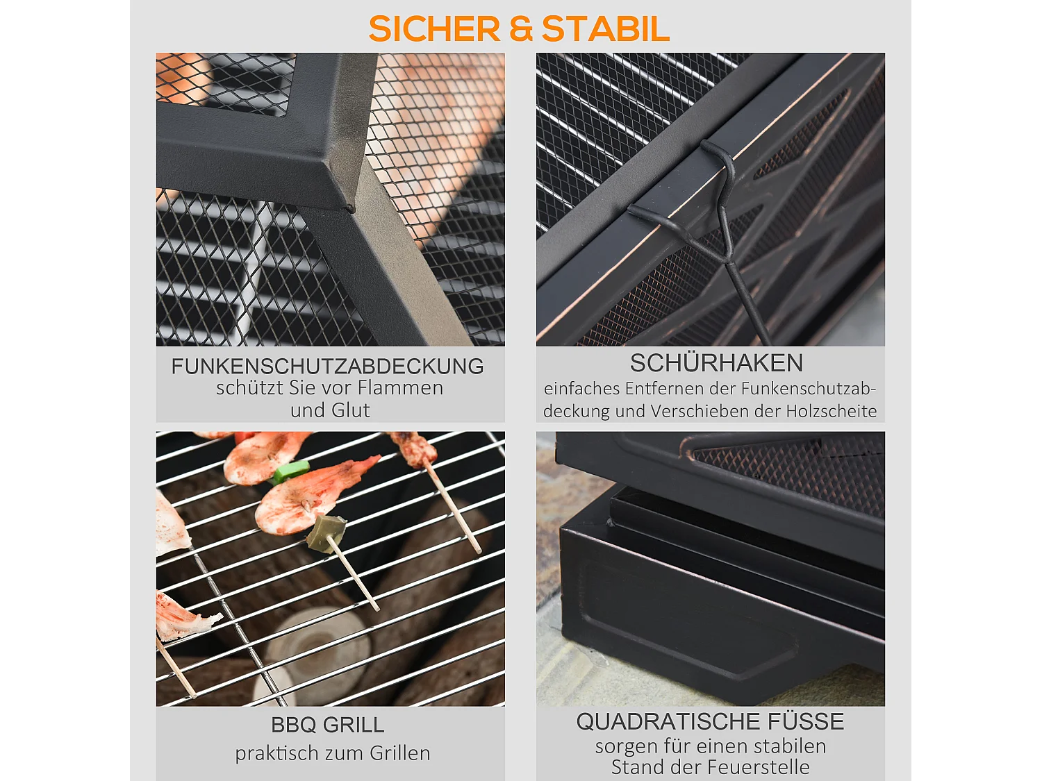 Brasero avec pare-étincelles, grille de cuisson et crochet, métal noir (66x66x66cm)