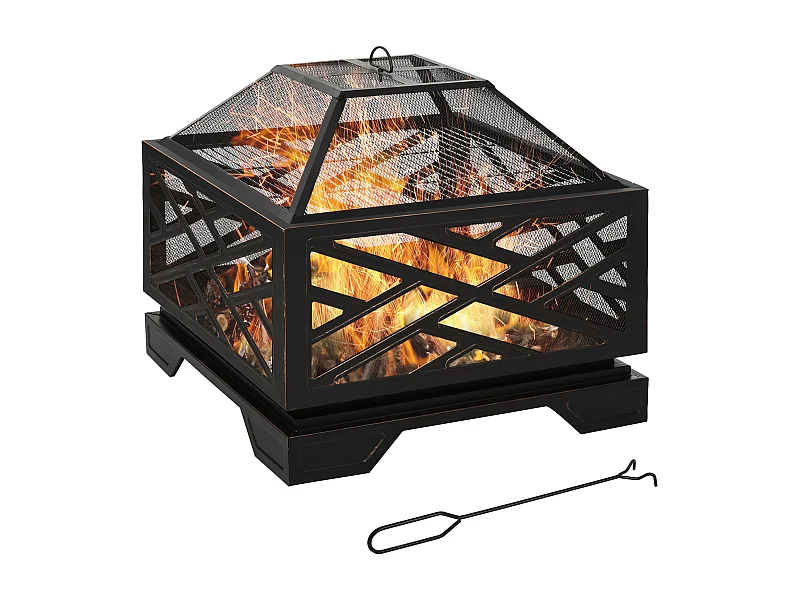 Braciere con parascintille, griglia di cottura e gancio, metallo nero (66x66x66cm)