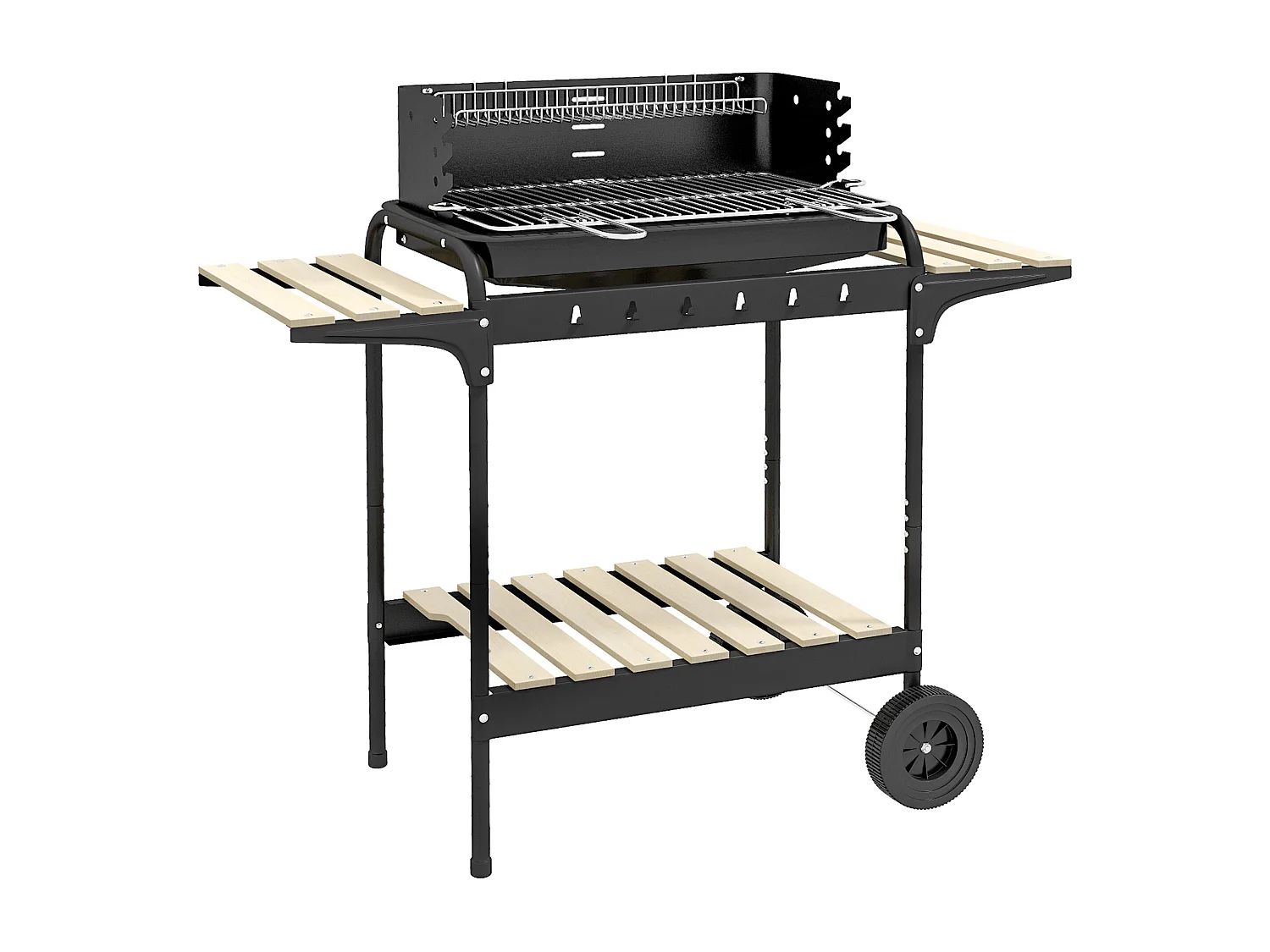 Barbecue charbon avec fumoir, grille réglable, tablette bois, chariot mobile acier noir (103x47x95cm)