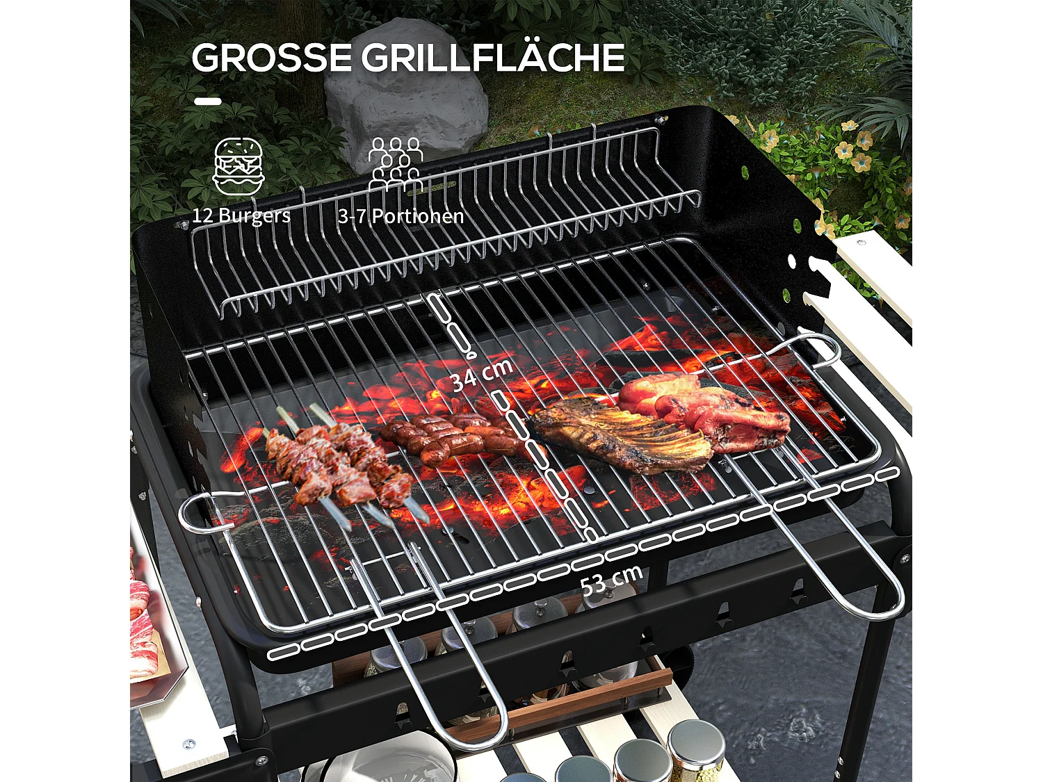 Barbecue charbon avec fumoir, grille réglable, tablette bois, chariot mobile acier noir (103x47x95cm)