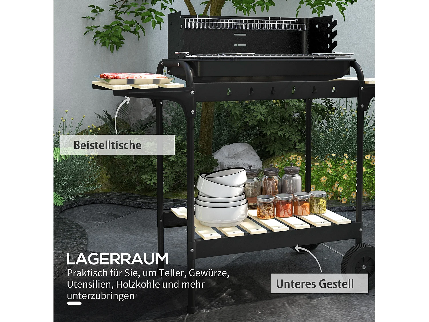 Barbecue charbon avec fumoir, grille réglable, tablette bois, chariot mobile acier noir (103x47x95cm)