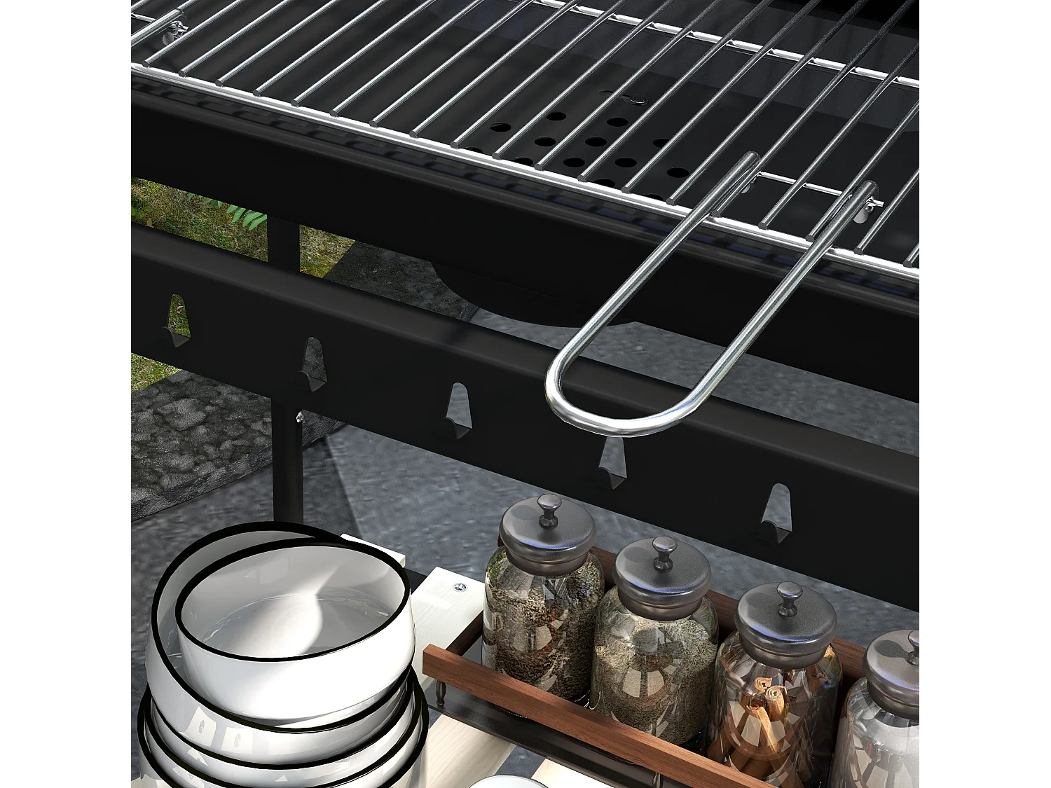 Barbecue charbon avec fumoir, grille réglable, tablette bois, chariot mobile acier noir (103x47x95cm)