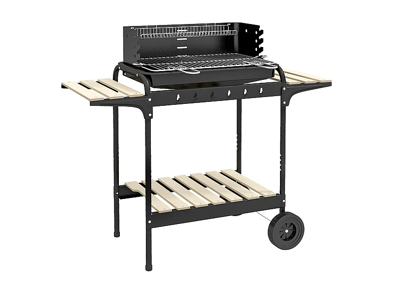 Barbecue charbon avec fumoir, grille réglable, tablette bois, chariot mobile acier noir (103x47x95cm)