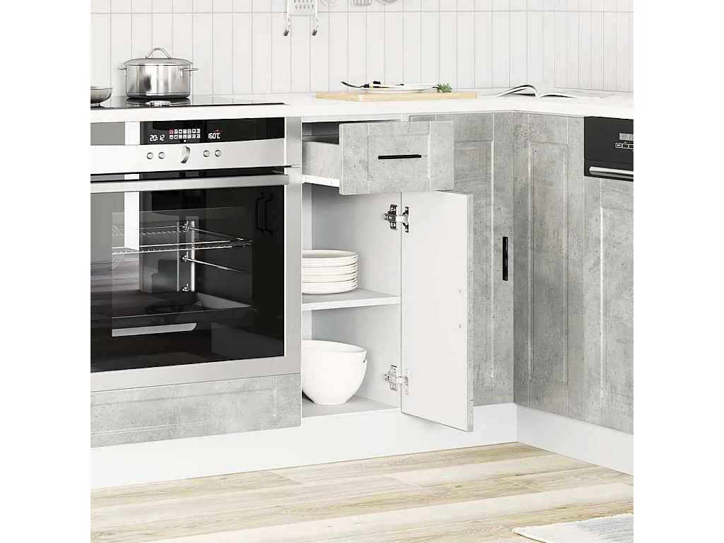 betongrijs bewerkte houten keukenkast