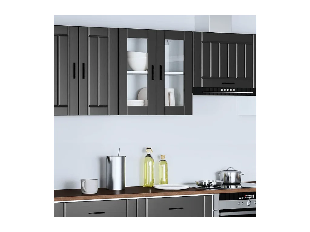 Pensile da cucina con anta in vetro nero Porto