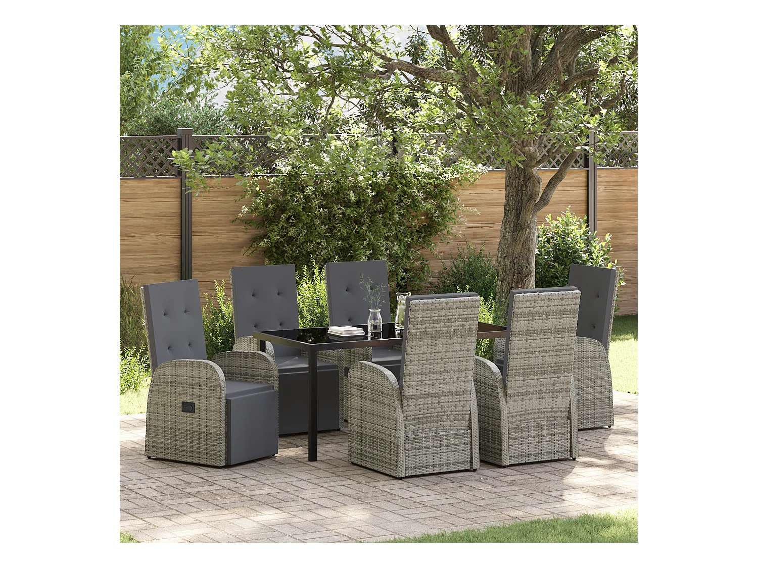 Set da pranzo da giardino 7 pezzi con cuscini in resina PE grigia