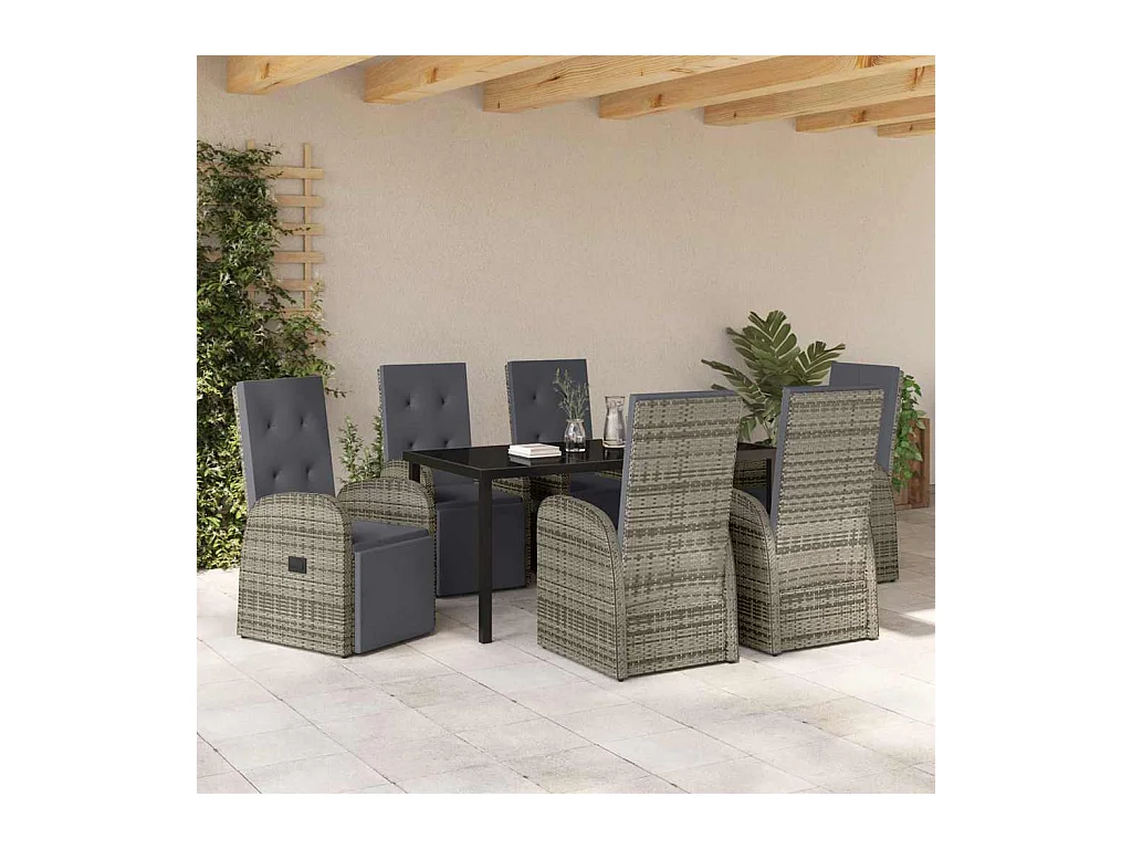 Set de salle à manger de jardin 7 pièces avec coussins Gris Résine PE