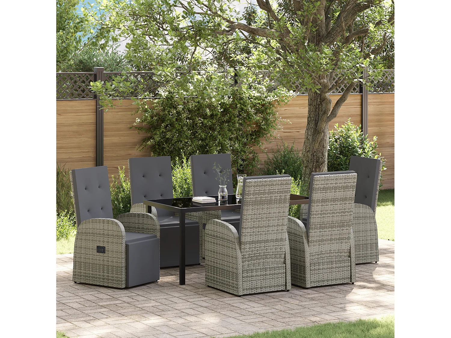 Set de salle à manger de jardin 7 pièces avec coussins Gris Résine PE