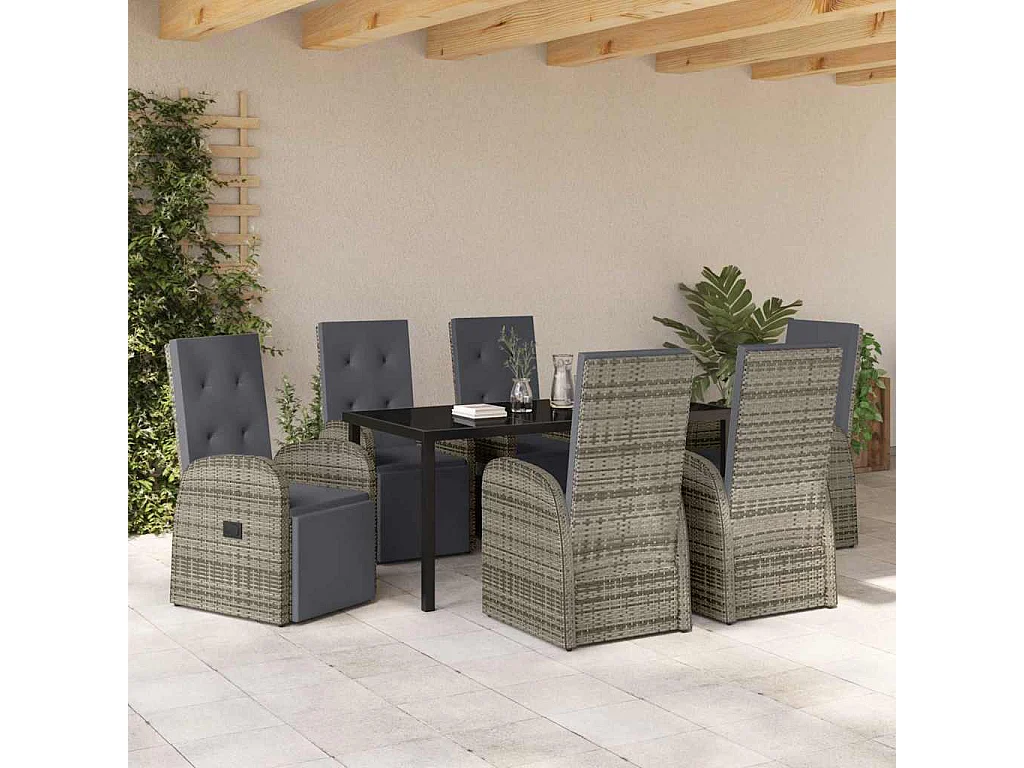 Set de salle à manger de jardin 7 pièces avec coussins Gris Résine PE