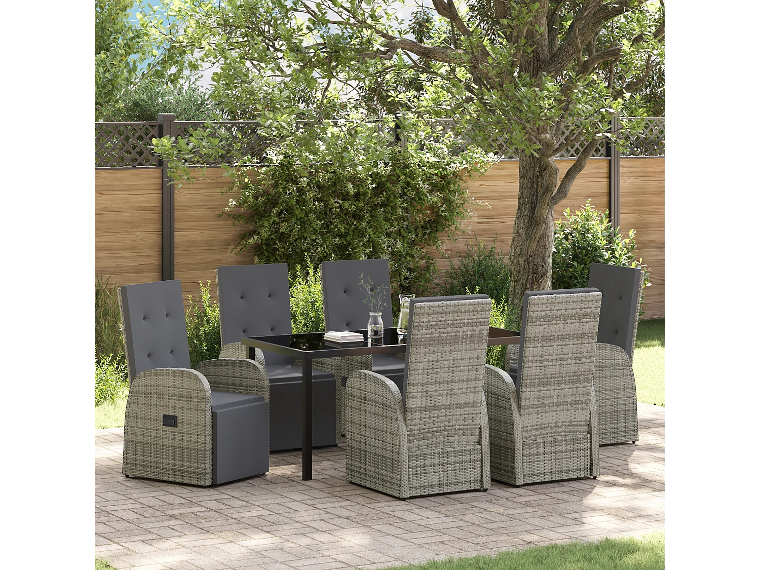 Set de salle à manger de jardin 7 pièces avec coussins Gris Résine PE