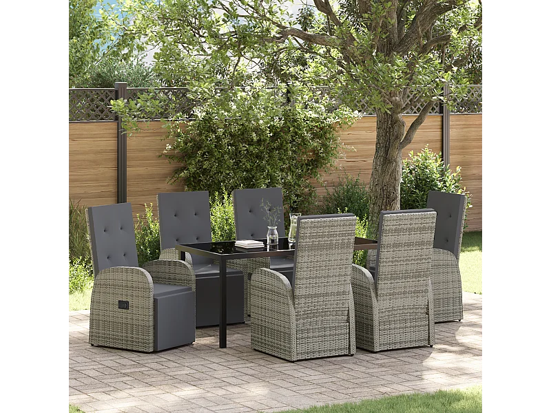 Set de salle à manger de jardin 7 pièces avec coussins Gris Résine PE