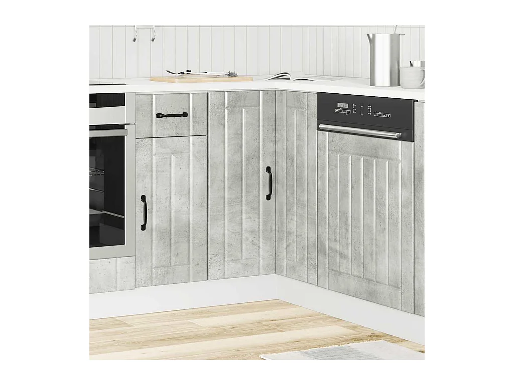 Armoire d'angle de cuisine gris béton bois d'ingénierie