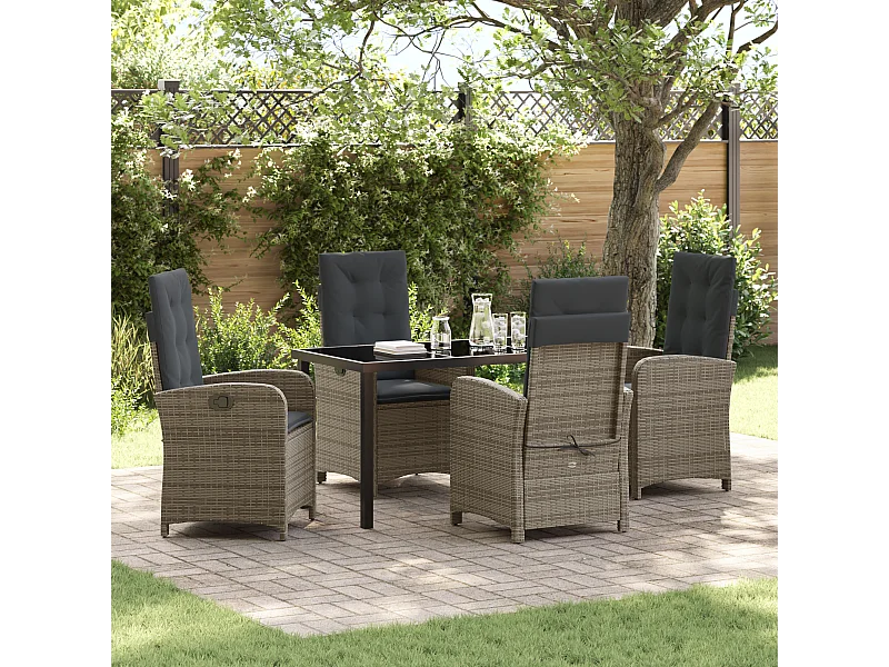 5-teiliges Gartenset mit grauen Polyrattan-Kissen