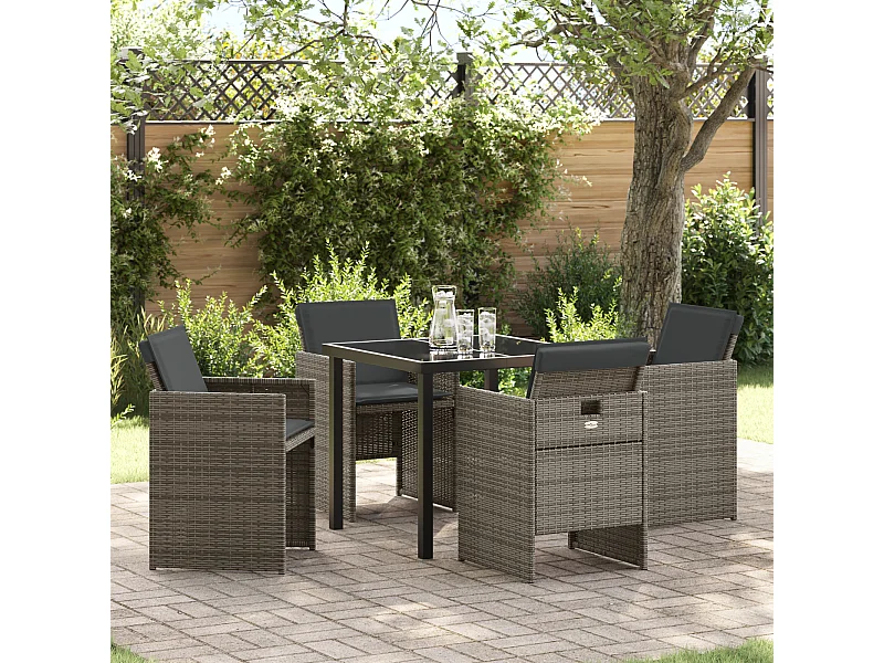 Set da pranzo da giardino 5 pezzi con cuscini grigi in polyrattan