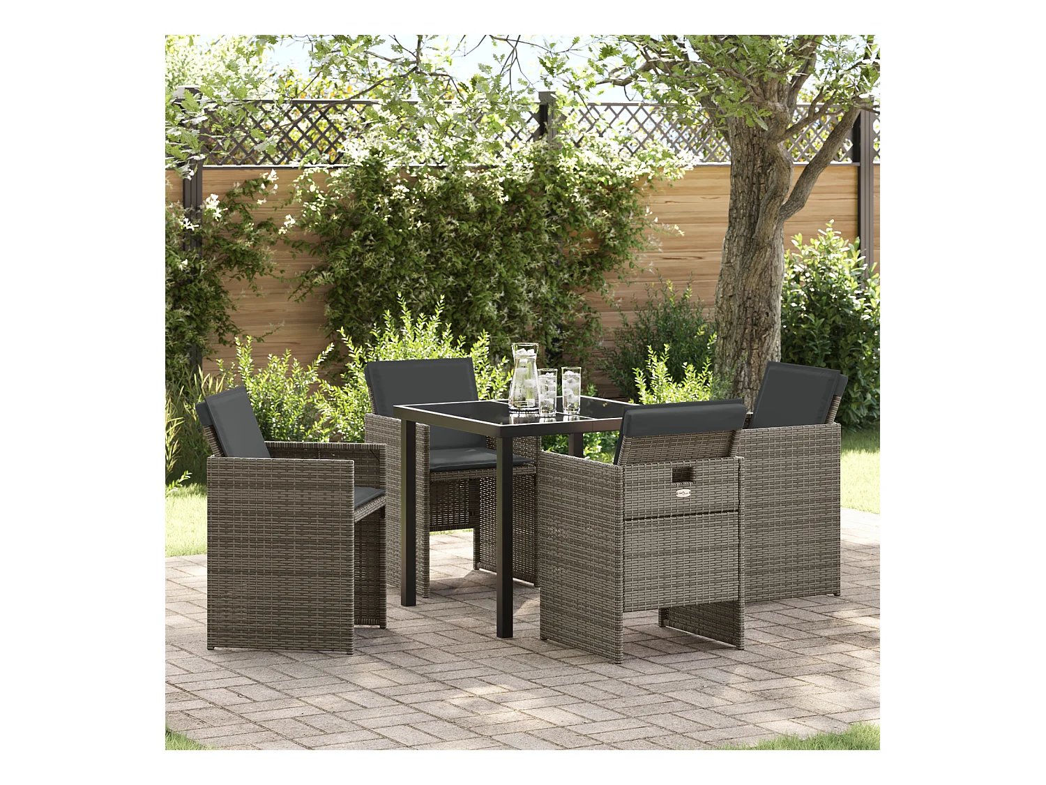 Set da pranzo da giardino 5 pezzi con cuscini grigi in polyrattan
