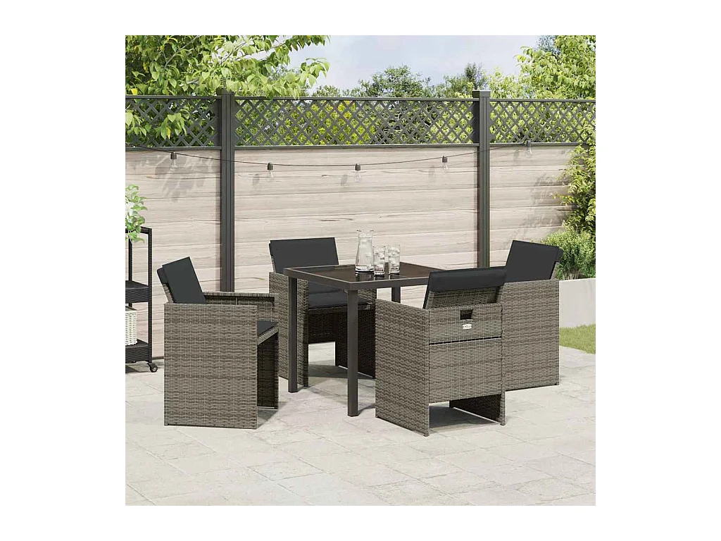 Set da pranzo da giardino 5 pezzi con cuscini grigi in polyrattan