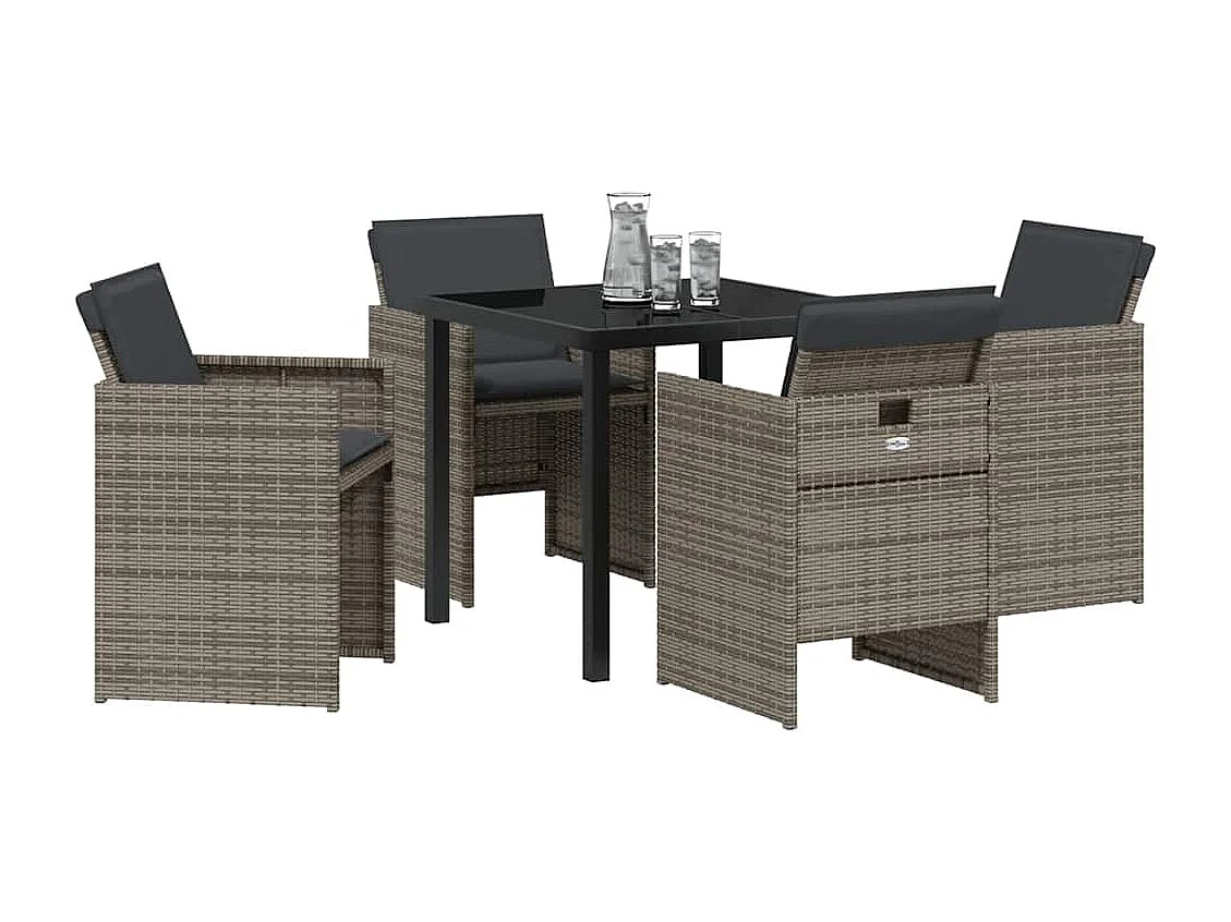 Ensemble de salle à manger de jardin 5 pièces avec coussins gris en poly rotin