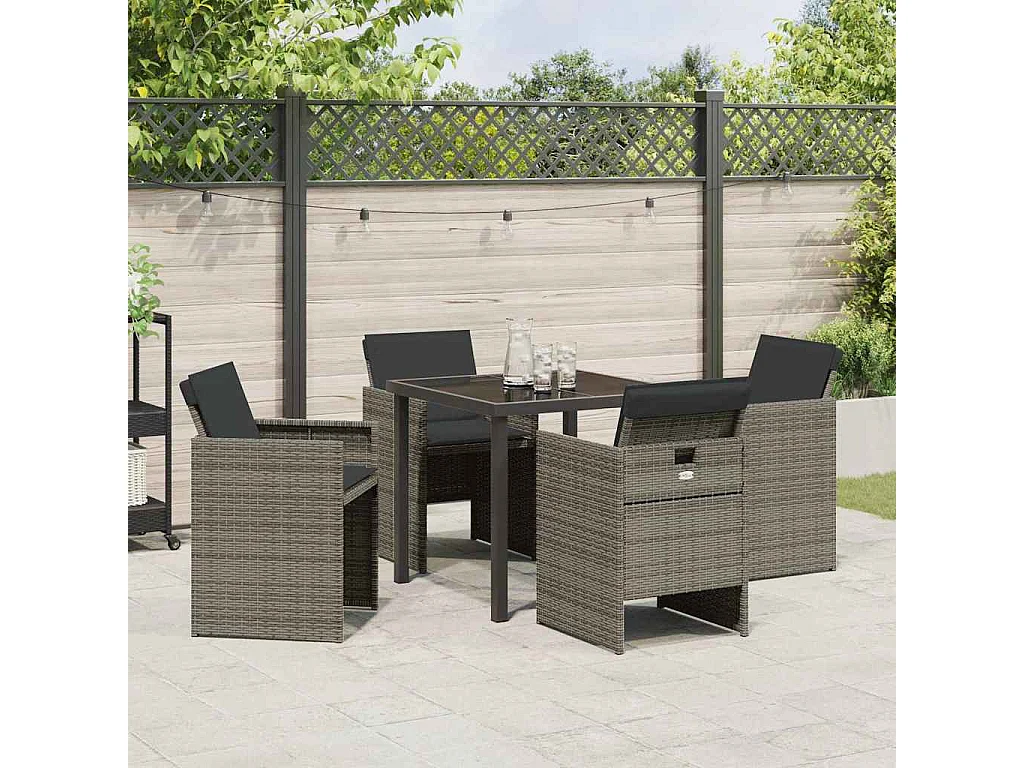 Ensemble de salle à manger de jardin 5 pièces avec coussins gris en poly rotin