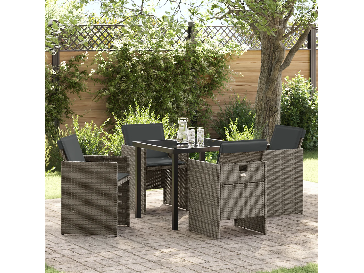Set da pranzo da giardino 5 pezzi con cuscini grigi in polyrattan