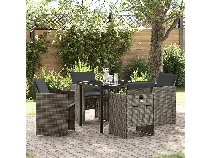 Set da pranzo da giardino 5 pezzi con cuscini grigi in polyrattan
