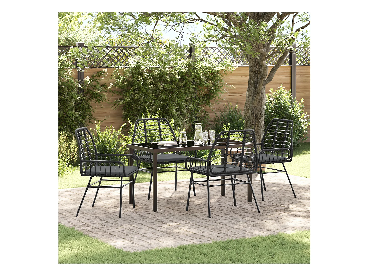 Ensemble de dîner de jardin 5 pièces avec coussins Noir Rattan Poly